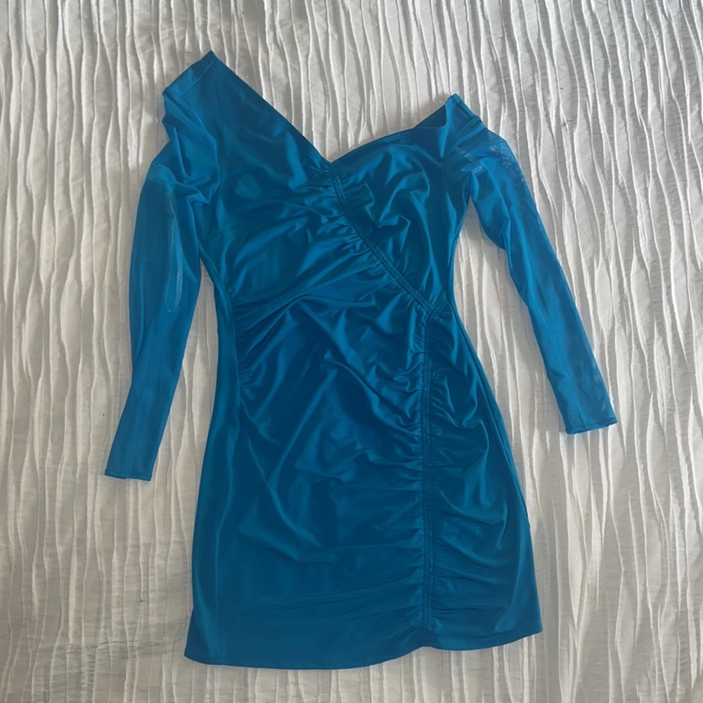Self-Portrait One-Shoulder Ruched Blue Mini Dress size 4 - Picture 4 of 5